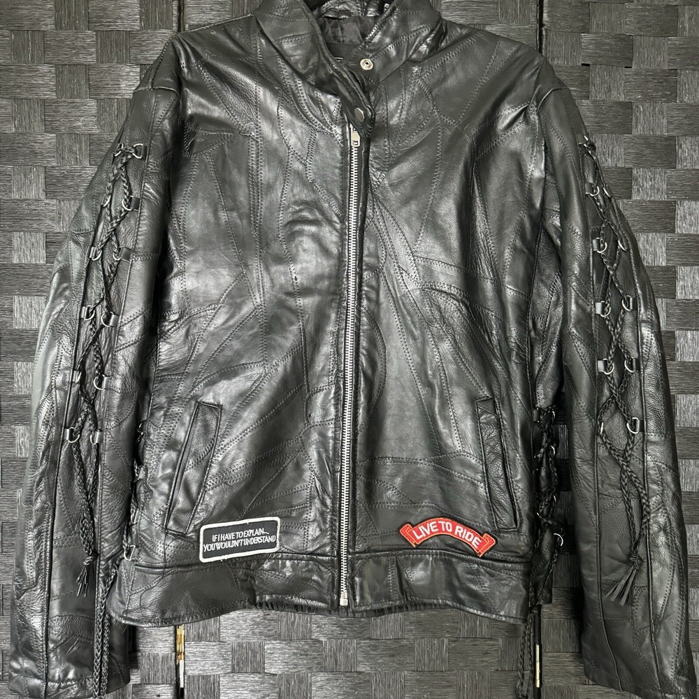 Diamond Plate Ladies' Rock Design Genuine Buffalo Leather Motorcycle Jacket XL
